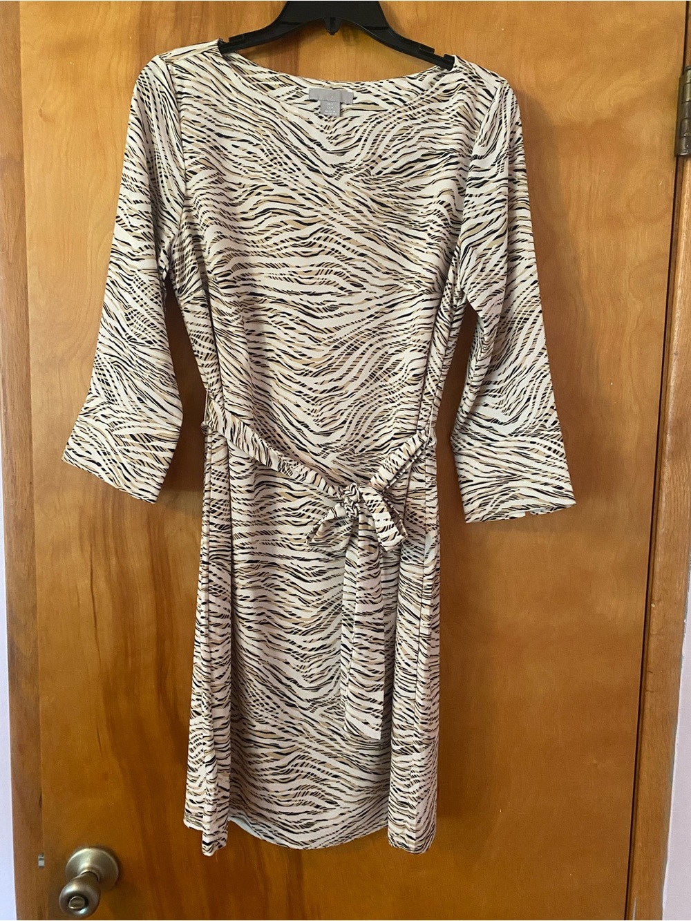 H&M Beige and Black Zebra-Print Long Sleeve Belted Dress
